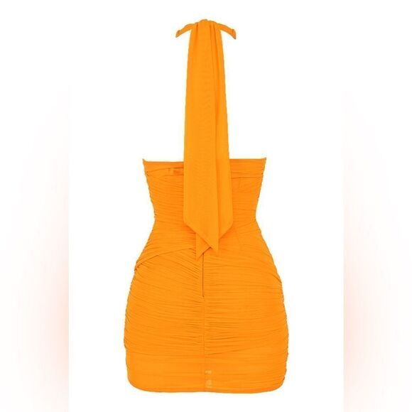 Mistress Rocks 'OVER IT' Orange Gathered Mesh Halter Neck Mini Dress - Picture 7 of 7